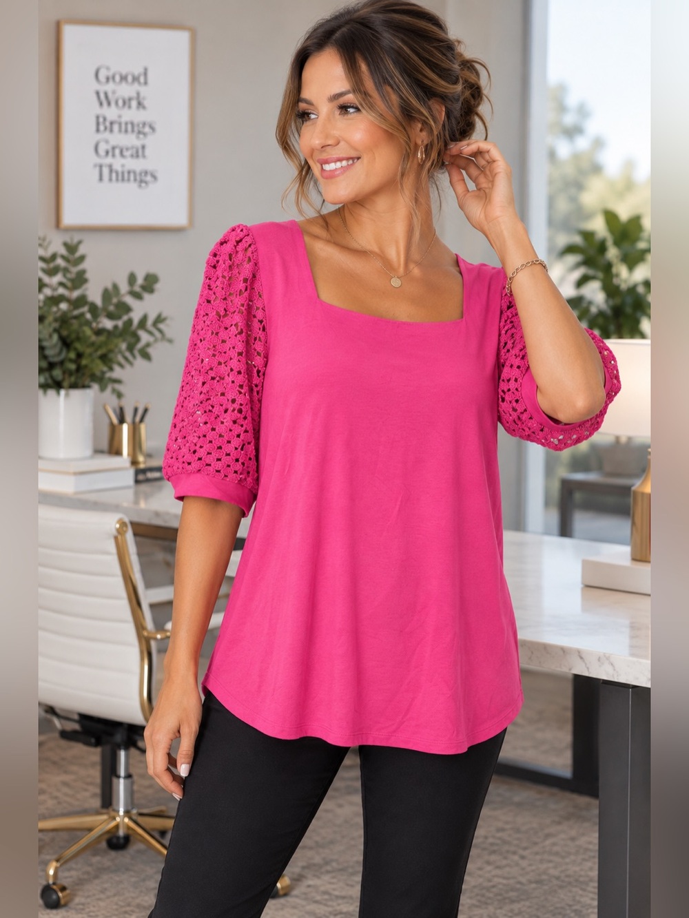 Chico's Hot Pink Square Neck Top with Crochet Puff Sleeves